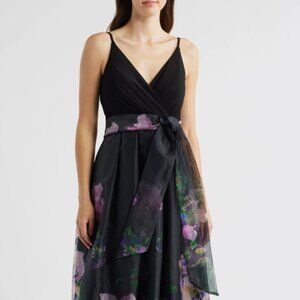 Nordstrom Eliza J Placed Floral Mixed Media Gown Dress Black / Purple - Size 12